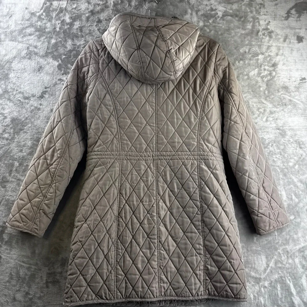Michael Kors Quilted Parka Women Medium Taupe Faux Fur Hood Jacket (P)
